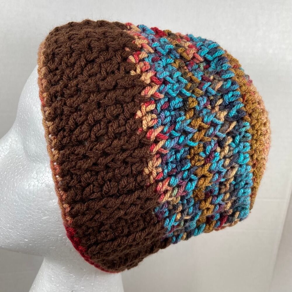 Unbranded Adult Multicolor Brown Crochet Knit Beanie Winter Hat One Size